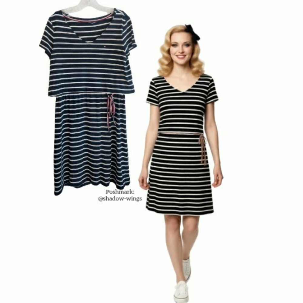 Y2K Tommy Hilfiger Navy Stripe Layered Tee Shirt Dress / Sz Small Striped Dress